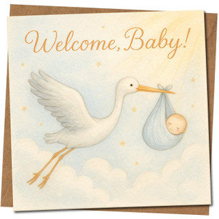 Welcome, Baby! Stork New Baby Card - 145mm x 145mm Square - Cute Newborn Congratulations Card for New Parents -, Includes Kraft Envelope