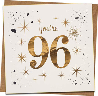 96th Birthday Card – You’re 96 Starburst Design, 145mm x 145mm Square Greeting with Kraft Envelope – Elegant Gold and Black Confetti – For Him or Her
