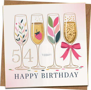 54th Birthday Card for Women, Champagne Glasses Design with Pink Bow and Confetti, 145mm x 145mm Square Greeting Card with Kraft Envelope, Happy Birthday Today
