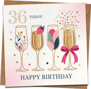 36th Birthday Card for Her – Champagne Glasses Confetti Design – Happy Birthday – 145mm x 145mm Square Greeting Card with Kraft Envelope