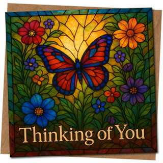 Thinking of You Card - Butterfly Stained Glass Floral Design, Square Greeting Card 145mm x 145mm, Includes Kraft Envelope