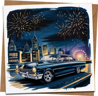 Classic Car Night City Fireworks Greeting Card 145mm x 145mm with Kraft Envelope – Birthday Card for Him, Dad, Husband, Men, Retro Auto Theme