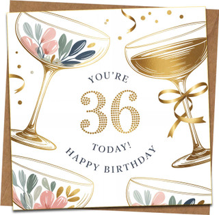 36th Birthday Card for Him or Her – Champagne Glasses Design with Gold Details – 145mm x 145mm – Includes Kraft Envelope – You're 36 Today Happy Birthday Greeting Card