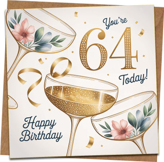 64th Birthday Card for Women or Men - Champagne Glasses & Confetti Design, Floral, You’re 64 Today, Happy Birthday - 145mm x 145mm Square Greeting Card with Kraft Envelope