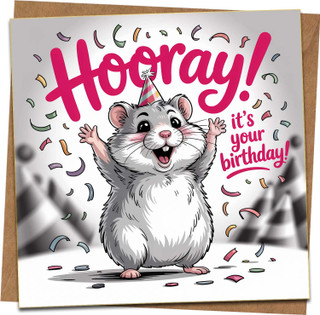 Cute Hamster Birthday Card – Hooray It’s Your Birthday – Fun Cartoon Square Greeting Card 145mm x 145mm with Kraft Envelope, for Kids Teens Adults Men Women, Animal Lover Gift