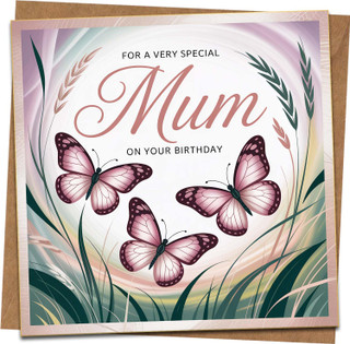 Mum Birthday Card – For a Very Special Mum – Butterfly Design – 145mm x 145mm Square Greeting Card with Kraft Envelope