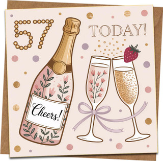 57 Today Birthday Card for Women – Champagne Bottle & Glasses, Pink Floral “Cheers” – 145mm x 145mm Square – Kraft Envelope Included