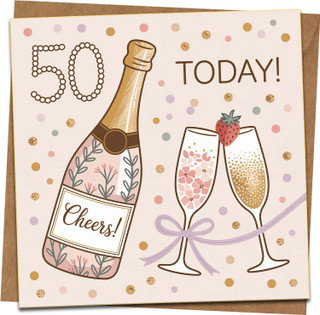 50th Birthday Card for Her – Champagne Bottle & Glasses Design – 145mm x 145mm Square Greeting Card with Kraft Envelope – Blank Inside – Women, Mum, Wife, Friend