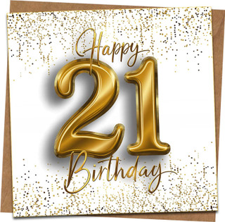 21st Birthday Card - Gold Number 21 Confetti Design, Happy 21 Greeting for Him or Her, 145mm x 145mm Square, Includes Kraft Envelope