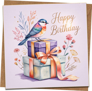 Happy Birthday Card 145mm x 145mm – Bird on Gift Boxes Floral Design, Blank Inside, Square Greeting Card with Kraft Envelope for Her Him Friend Mom Dad