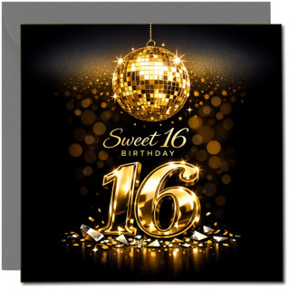 Sweet 16 Birthday Card - Gold Disco Ball & Design - 145mm x 145mm Square -, Includes Dark Grey Envelope