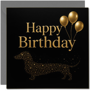 Happy Birthday Card - Gold Balloons & Starry Dachshund Sausage Dog Design - Luxury Black Dog Lover Birthday Card - 145mm x 145mm, Includes Dark Grey Envelope