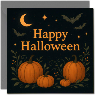 Happy Halloween Card - Pumpkins, Bats and Stars Design - Square Greeting Card 145mm x 145mm, Includes Dark Grey Envelope