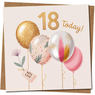 18th Birthday Card - 18 Today Balloons Design, 145mm x 145mm Square, Includes Kraft Envelope