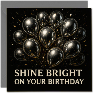 Shine Bright On Your Birthday Card - Black & Gold Balloons, 145mm x 145mm Square, Premium Greeting Card, Includes Dark Grey Envelope