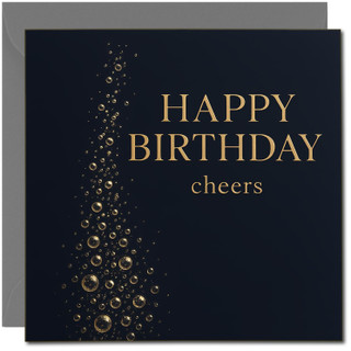Happy Birthday Cheers Champagne Bubbles Card - Elegant Navy and Gold Square - 145mm x 145mm - Celebration Greeting Card, Includes Dark Grey Envelope