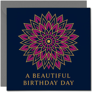 Elegant Mandala Birthday Card - Navy and Magenta Design - 145mm x 145mm Square - 'A Beautiful Birthday Day' -, Includes Dark Grey Envelope