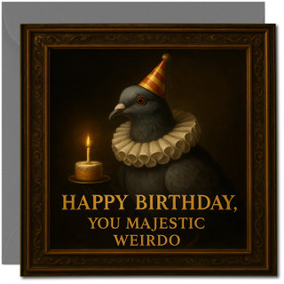 Funny Birthday Card - Happy Birthday You Majestic Weirdo - Pigeon in Party Hat Square Greeting Card, 145mm x 145mm, Humour Design, Includes Dark Grey Envelope