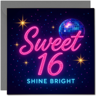 Sweet 16 Birthday Card - Shine Bright Neon Disco Design - Square 145mm x 145mm - 16th Birthday Greeting Card, Includes Dark Grey Envelope