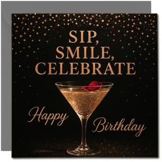 Sip, Smile, Celebrate Happy Birthday Card - Cocktail Glass Design - Elegant Black & Gold - 145mm x 145mm Square -, Includes Dark Grey Envelope
