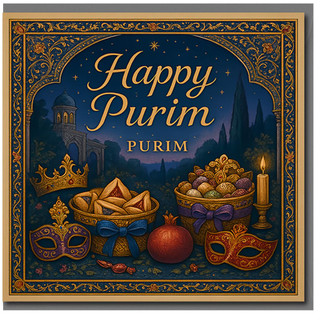 Happy Purim Greeting Card - Festive Masks, Crowns, Hamantaschen and Candlelight, Ornate Night-Sky Design