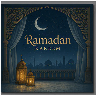 Ramadan Kareem Greeting Card - Crescent Moon, Lanterns and Mosque Skyline - Elegant Islamic Card for Family & Friends