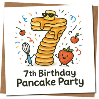 7th Birthday Pancake Party Card - Cute Pancakes Number 7 Kids Birthday Greeting - For Child Age 7 - Square 145mm x 145mm -, Includes Kraft Envelope