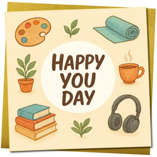 Happy You Day Birthday Card - 145mm x 145mm - Cute Illustrated Self-Care Icons, Plants, Books, Coffee & Headphones - Just Because Greeting Card, Includes Gold Envelope