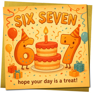 67th Birthday Card - Cute Six Seven Cake and Balloons Illustration, Confetti, Square 145mm x 145mm - Fun Celebration Card for Anyone, Includes Gold Envelope