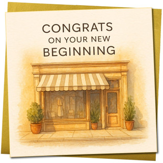 Congrats On Your New Beginning Congratulations Card, 145mm x 145mm, Elegant Shopfront Illustration, Square Greeting Card for New Job, Home or Business, Includes Gold Envelope