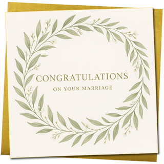 Wedding Congratulations Card - On Your Marriage - Elegant Botanical Wreath Design - 145mm x 145mm Square Greeting Card, Includes Gold Envelope
