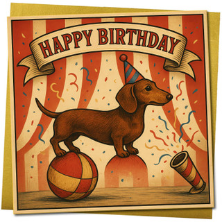 Happy Birthday Card 145mm x 145mm - Cute Sausage Dog Dachshund Circus Design, Party Hat & Confetti - Fun Dog Lover Greeting Card, Includes Gold Envelope