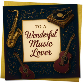 To a Wonderful Music Lover Greeting Card, 145mm x 145mm, Musical Instruments Design, Any Occasion Card for Music Fans, Includes Gold Envelope