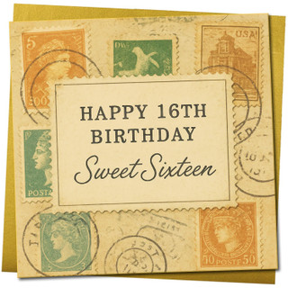 Sweet Sixteen 16th Birthday Card - Vintage Stamps Design - 145mm x 145mm Square Greeting Card, Includes Gold Envelope