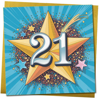 21st Birthday Card - Bold Starburst Design, 145mm x 145mm Square, Includes Gold Envelope