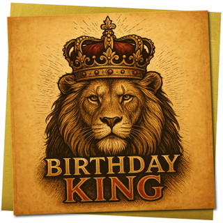 Birthday King Lion Card - Regal Crowned Lion Illustration - Square Greeting Card 145mm x 145mm - Vintage Style Birthday Includes Gold Envelope