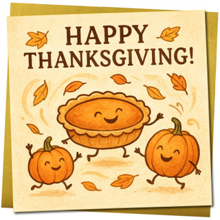 Happy Thanksgiving Greeting Card 145mm x 145mm - Cute Pumpkin and Pie Design, Autumn Leaves - Square Card, Includes Gold Envelope