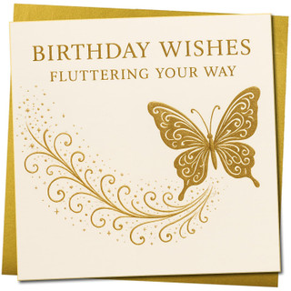 Birthday Wishes Butterfly Card - Elegant Gold Butterfly Design - 145mm x 145mm Square Greeting Card, Includes Gold Envelope