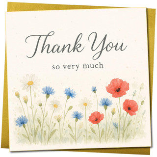 Thank You Greeting Card 145mm x 145mm - Watercolour Wildflowers, Includes Gold Envelope