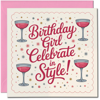 Birthday Card for Her - Birthday Girl Celebrate in Style - 145mm x 145mm Square Greeting Card, Includes Pink Envelope