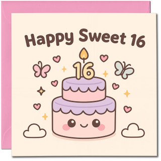 Happy Sweet 16 Birthday Card - Cute Kawaii Cake, Butterflies & Hearts, Pastel Pink & Lilac, Square 145mm x 145mm, Pink envelope inside
