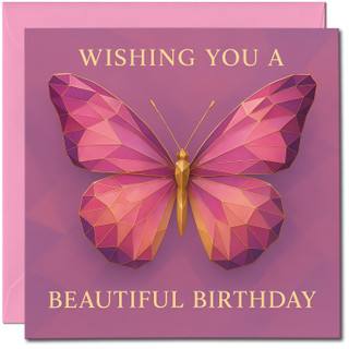 Butterfly Birthday Card - Geometric Pink and Gold Design, Elegant Square Greeting, 145mm x 145mm, Wishing You a Beautiful Birthday, Includes Pink Envelope