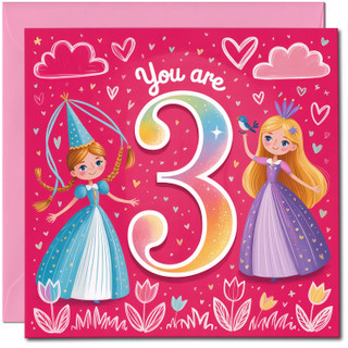 You Are 3 Princess Birthday Card - Age 3 Girl, Cute Pink Fairytale Design, 145mm x 145mm Square, Includes Pink Envelope