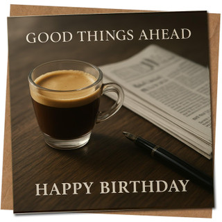 Good Things Ahead Coffee Birthday Card, Espresso Cup & Newspaper Design, 145mm x 145mm Square, Premium Greeting Card for Coffee Lovers, Includes Kraft Envelope