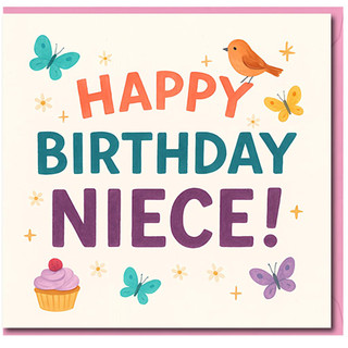 Niece Birthday Card - Cute Butterflies, Bird and Cupcake - Happy Birthday Niece - Colourful Greeting Card with Envelope