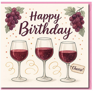 Happy Birthday Wine Card - Grapes and Red Wine Glasses Design - Cheers Celebration Birthday Card for Lovers - Adult Greeting