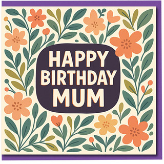 Mum Birthday Card - Floral Illustration with Bold 'Happy Birthday Mum' Text - Cheerful Orange and Green Flowers