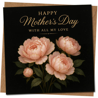 Happy Mother's Day Card for Mum - Pink Peonies on Black, 145mm x 145mm Square, Includes Kraft Envelope