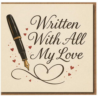 Written With All My Love Card - Romantic Fountain Pen and Hearts Design - Love & Anniversary Greeting Card for Partner, Husband or Wife - Blank Inside with Envelope