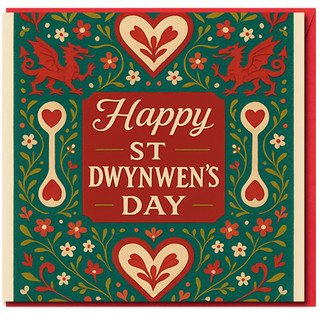 St Dwynwen's Day Card - Happy St Dwynwen's Day - Welsh Dragons & Heart Love Spoon Folk Floral Design, Romantic Welsh Card for Partner, Wife, Husband, Boyfriend or Girlfriend